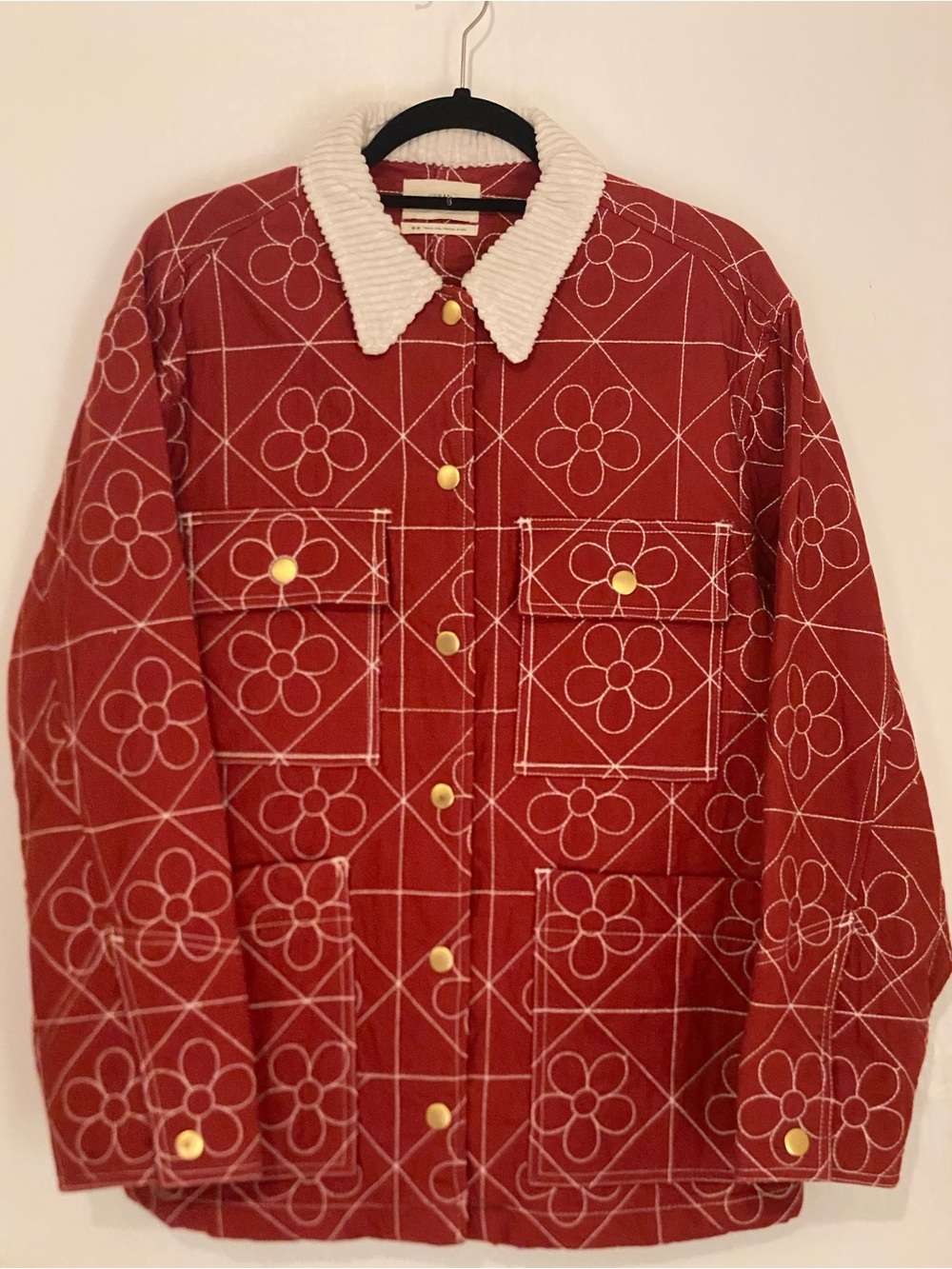 Urban Outfitters Red Quilted Floral Utility Jacket with Cream Collar
